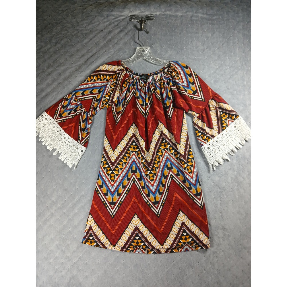 WinWin Half Sleeve Lace Tunic Top Red Geometric Chevron Boho S-M - Picture 1 of 9